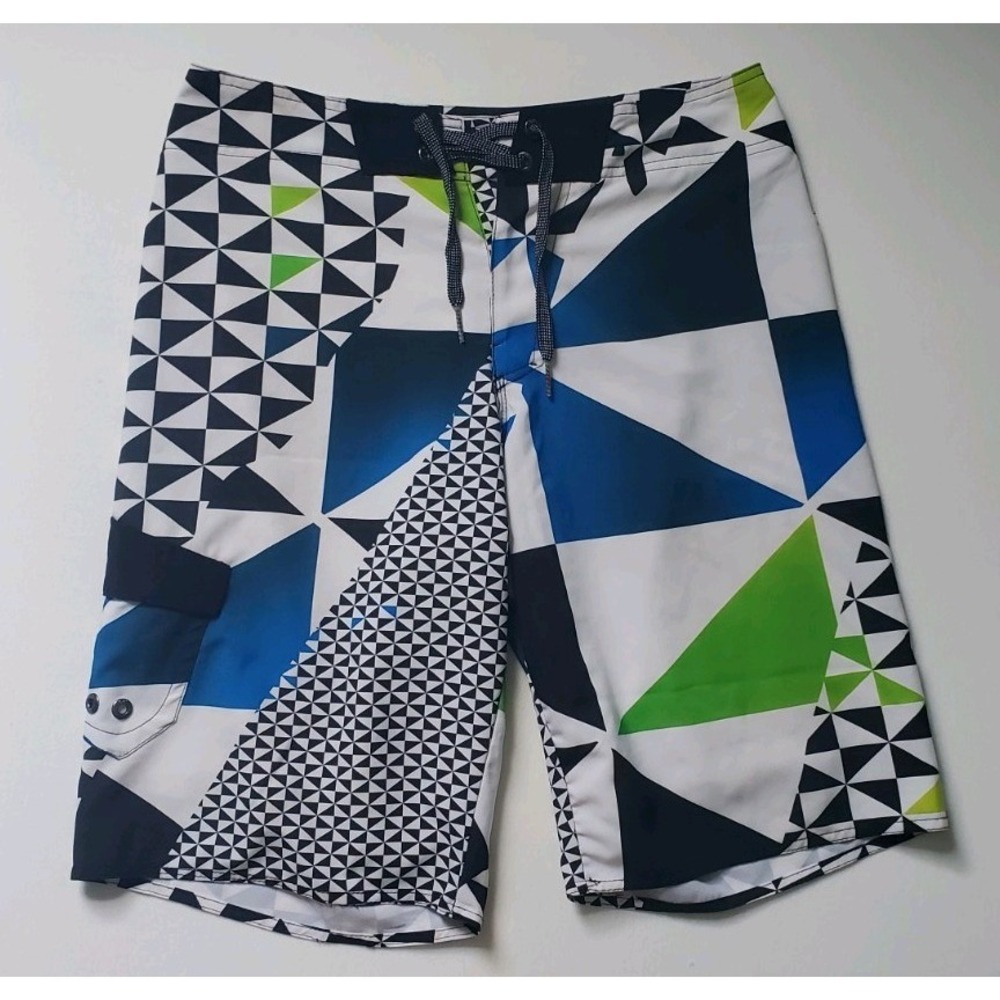 Tony Hawk Mens Sz 30 Geometric Pattern Swim Trunk Board Shorts Blue Green Surf